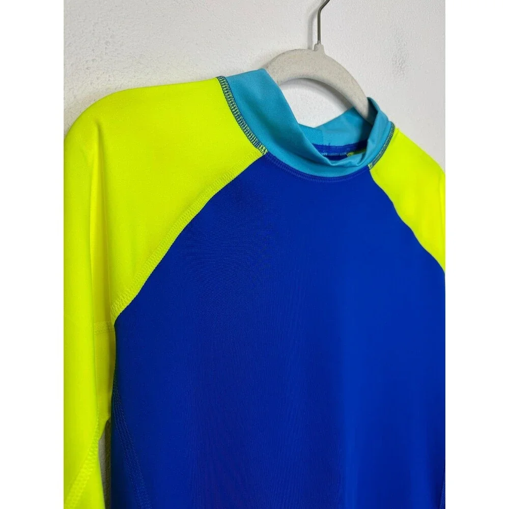 Lands End Boys XL Husky Rash Guard Blue Green Colorblock Crewneck UPF 50 Stretch